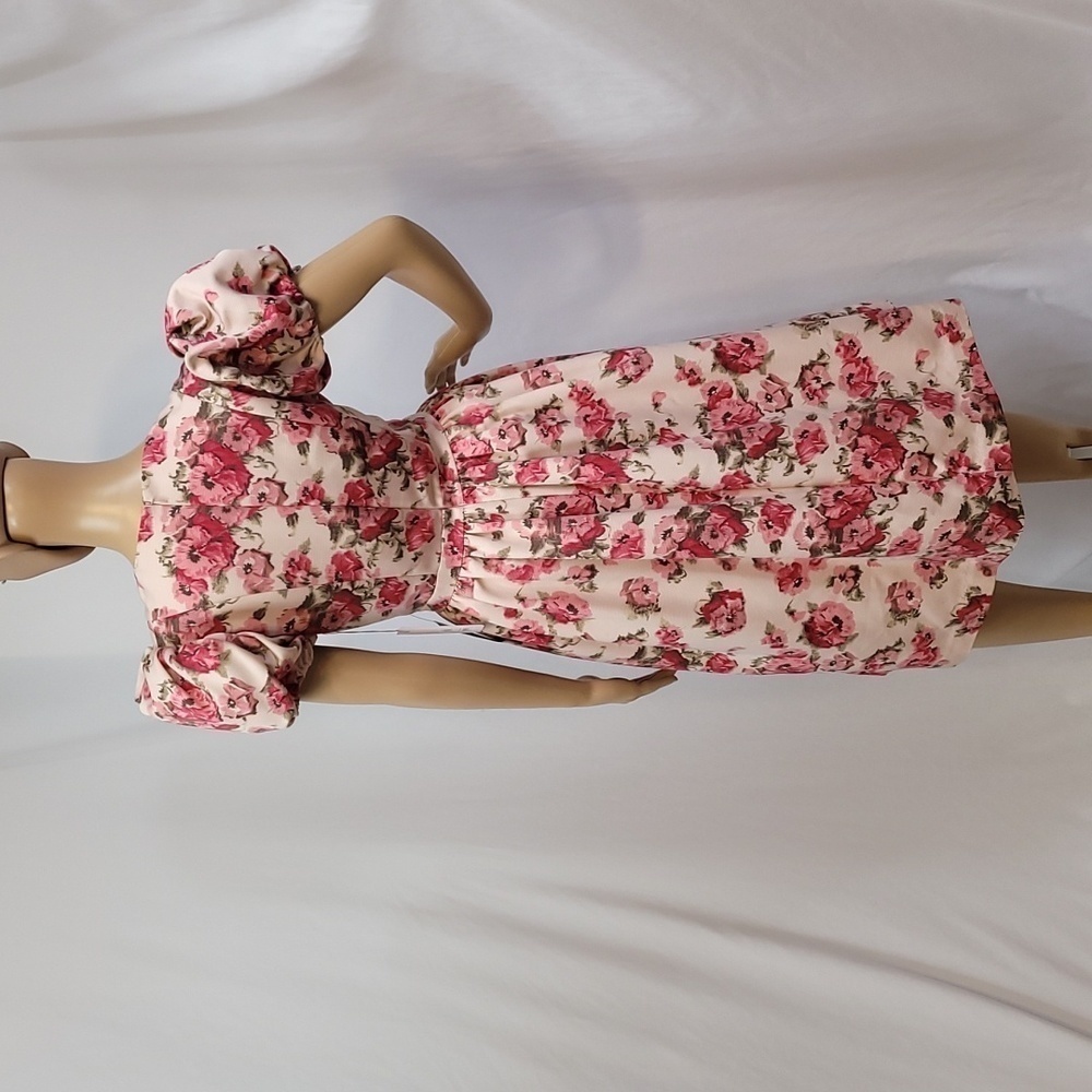 RACHEL Parcell Pink Brocade Floral Puff Sleeve Dress - Picture 15 of 17